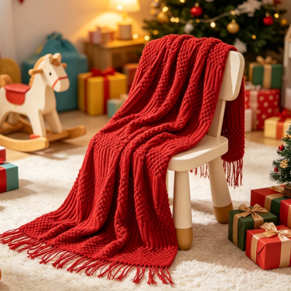 Throw Blanket Chunky Knit - بطانية محبوكة سميكة حمراء بأسلوب بوهو،